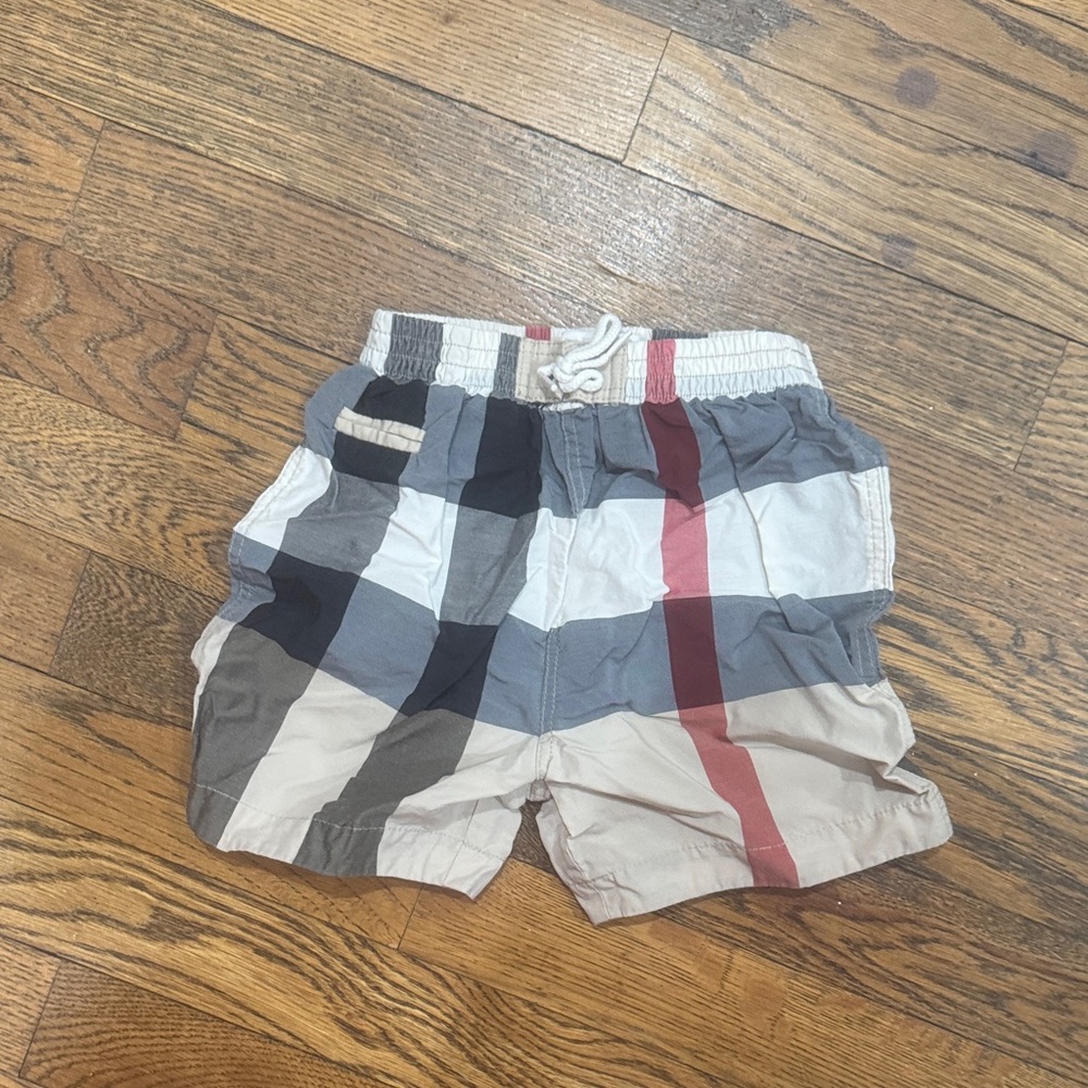 Burberry Boys Plaid Swim Trunks in White, Gray, Black, and Red